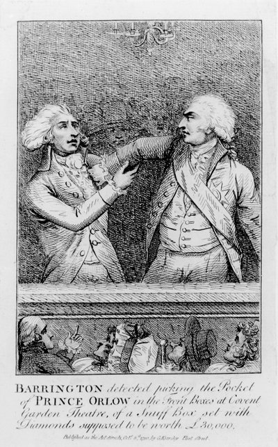 Barrington Detected Picking the Pocket of Prince Orlow in the Front Boxes at Covent Garden Theatre, of a Snuff Box Set with Diamonds Supposed to be Worth 30,000 Pounds, pub. in 1790 by English School